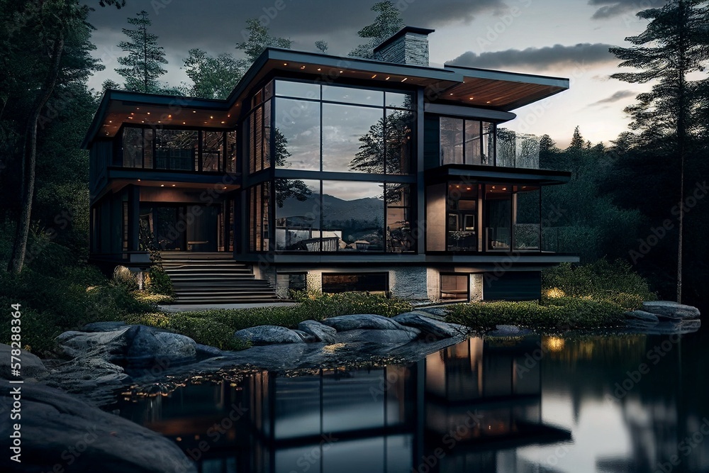 Obraz premium Schönes freistehendes Haus am See, Entspannung in freier Natur, ai generativ