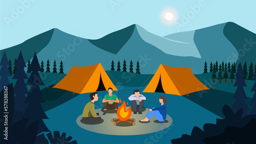 Vector graphic illustration of night camp with people on campfire and tent.