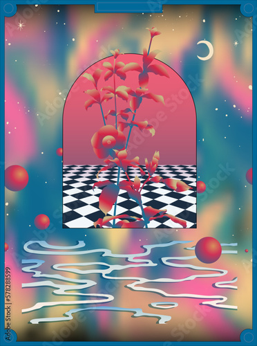 Space aesthetic vibe illustration, surreal scene with tropical flowers, technology from the past inspiation nostalgia feeling