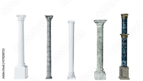 Valokuva Set of columns of various architectural styles on transparent background