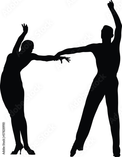 dancing couple man and woman holding hands, black silhouette on white background, vector illustration