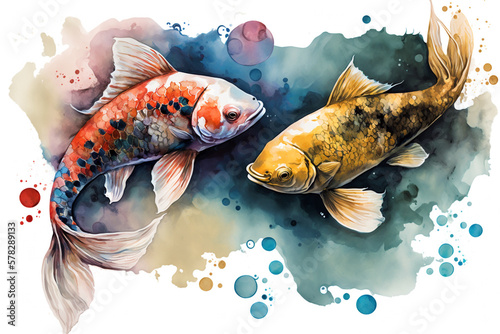 Two koi fishes with watercolor style on white background. Generative AI illustration
