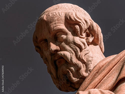 Plato portrait with contemplative expression, marble statue of the ancient Greek philosopher. Cultural trip to Athens, Greece. photo