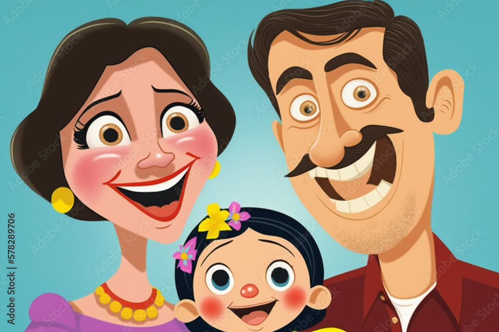 Happy family. Cartoon illustration of smiling parents and child. Family day. Generated by AI Happy family. Cartoon illustration of smiling parents and child. Family day. Generated by AI