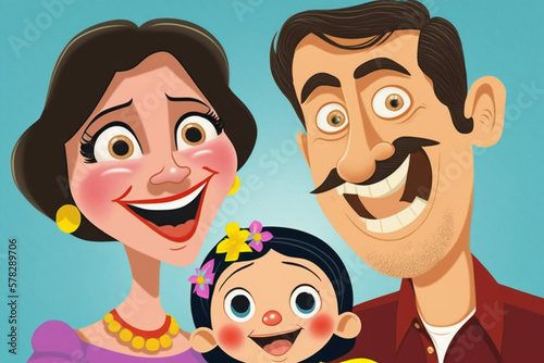 Happy family. Cartoon illustration of smiling parents and child. Family day. Generated by AI