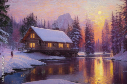 Generative AI, Beautiful dreamy snowy scenery of houses near lakes in the golden hour. Trees covered in snow with atmospheric light with light clouds. © Lado