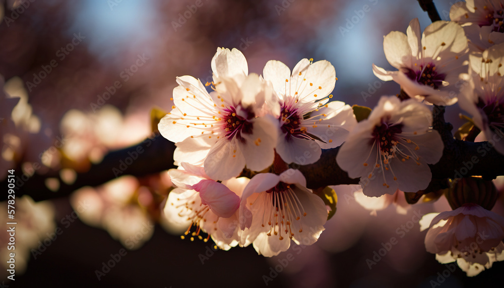 Close up of sakura flowers branch on a sunny day. Cherry blossom flowers. Generative AI