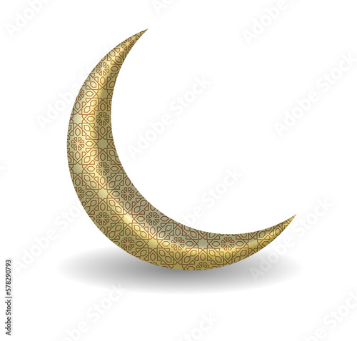 Ornate Crescent Moon with shadow for ramadan kareem, ramadan mubarak, eid mubarak, and eid saeed greeting card design element. Vector illustration.