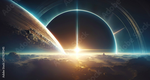 View from planet orbit on rising sun. Distant space worlds. Generative AI