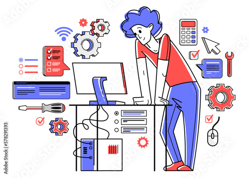 Technician computer engineer repairing pc vector outline illustration, fixing system work with software and hardware, system administrator.