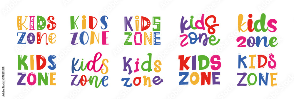 Kids zone. Banner for childrens playroom decoration. Kids zone vector cartoon logo badges. Game room signboard. Child playing zone vector illustration set. Playroom area. Baby and kids zone game text.