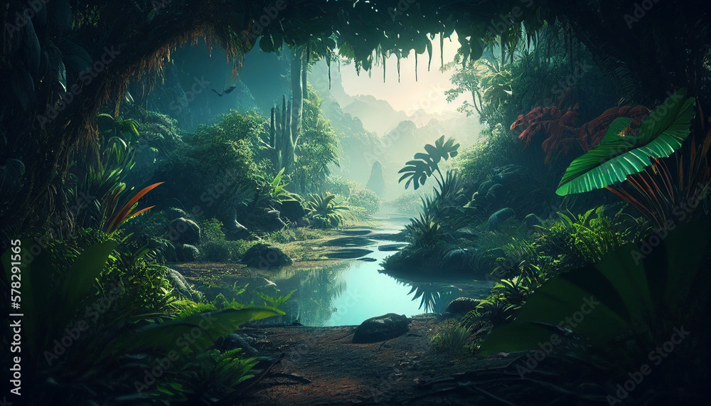 Hidden Paradise: An Ethereal Landscape of Lush Tropical Foliage and Tranquil Streams.. Generative Ai