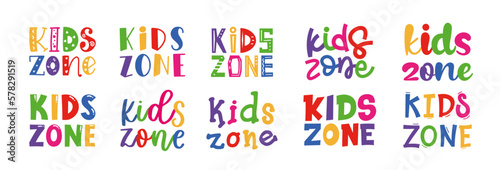 Kids zone. Banner for childrens playroom decoration. Kids zone vector cartoon logo badges. Game room signboard. Child playing zone vector illustration set. Playroom area. Baby and kids zone game text.