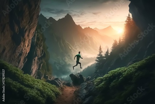A man runs fast to jump over the abyss between two mountains with a beautiful green forest sunsete view. Created with Generative AI technology. 