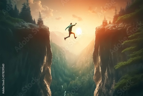 Man jumping over precipice between two mountains with a beautiful green forest at sunset. Created with Generative AI technology. 