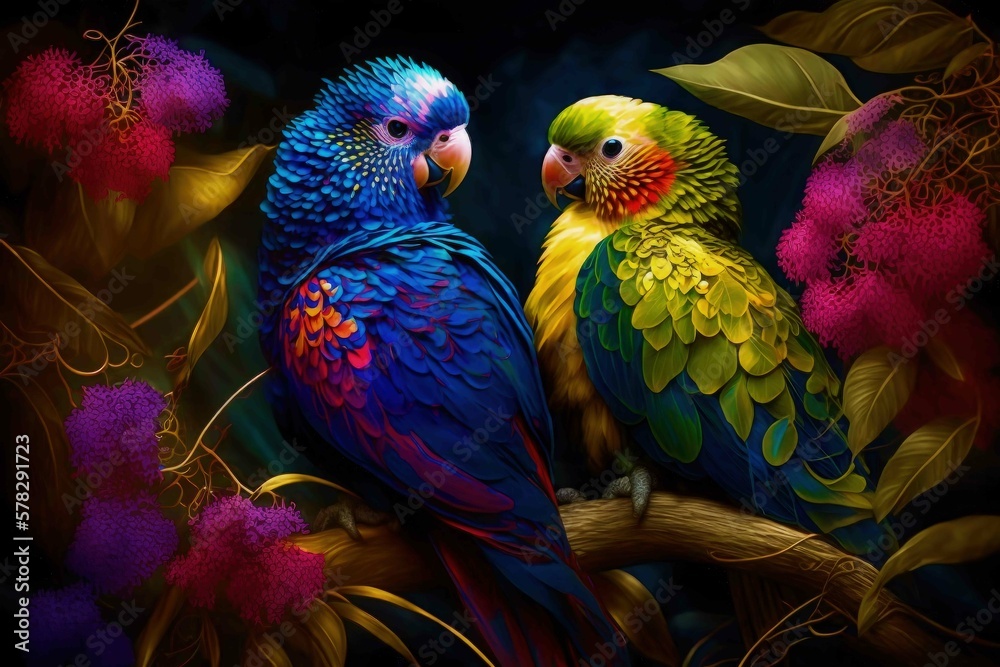 Fototapeta premium Budgerigar Parrots Perched, Exotic Garden Scene with Bright Colors