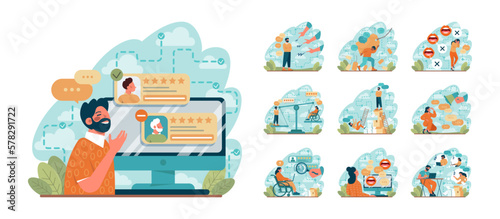 Discrimination set. Bias in society, different people inequality. Public
