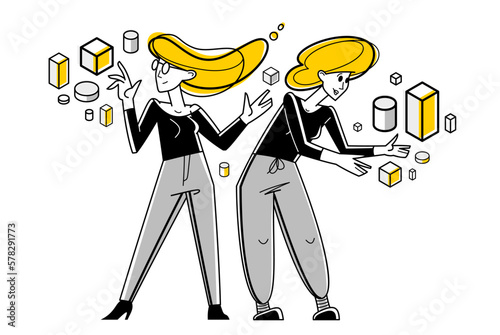 Creative workers doing some job and creating some system, inspired inventive designers or engineers composing abstract elements, vector outline illustration.