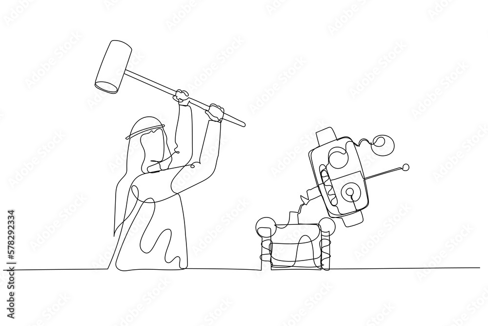 Drawing of arab businessman destroying robot with hammer. Concept of ...