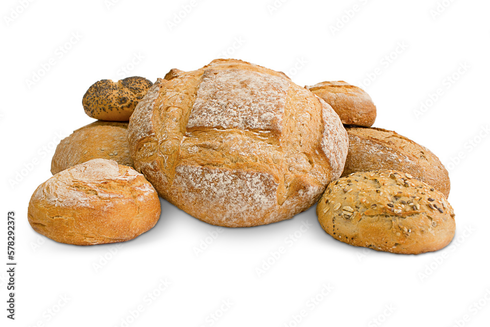 Different fresh bread isolated on white background. Clipping path