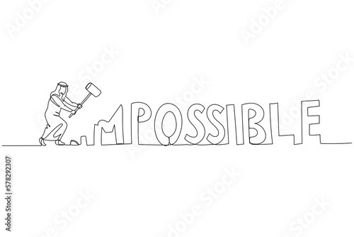 Illustration of arab businessman destroy impossible make it to possible. Concept of optimism. Single line art style