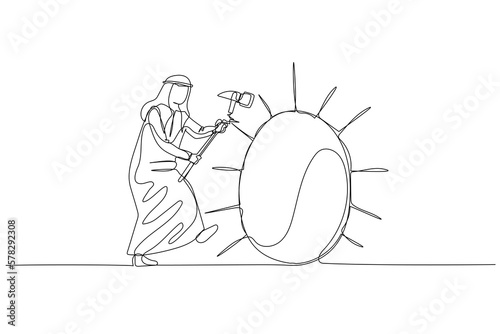 Drawing of arab businessman try to hit giant golden egg. Concept of business success and tough luck. Single continuous line art style