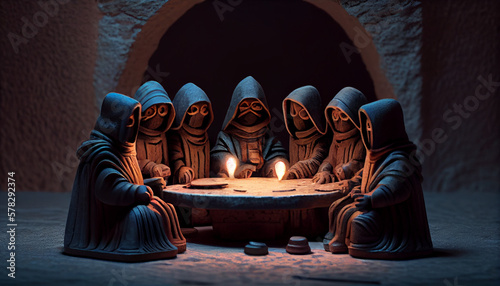 A claymation themed picture of a medieval secret groop around one table, generative ai photo