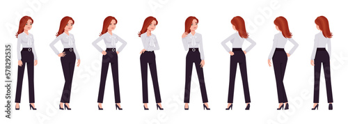 Business consultant professional lady set, attractive woman different standing poses. Office girl, female manager, formal work wear. Vector flat style cartoon character isolated on white background
