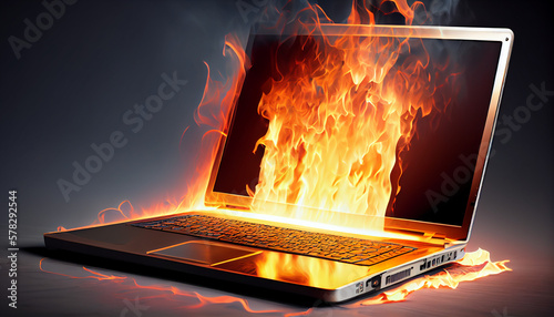 Burning laptop, big fire from laptop, laptop overheating,  generative ai