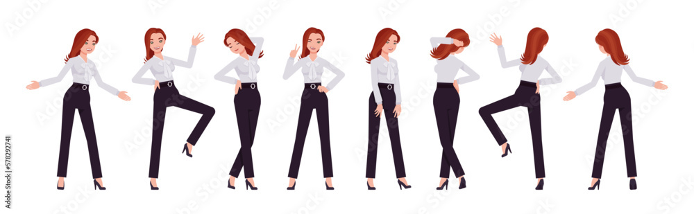 Business consultant professional lady set, attractive woman positive emotions. Office girl, female manager formal work classic wear. Vector flat style cartoon character isolated on white background