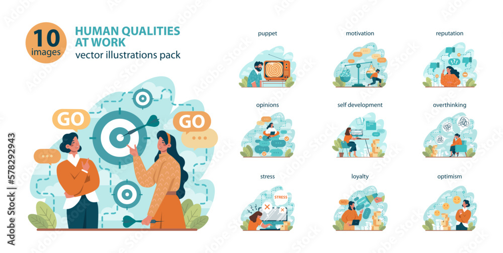 Fototapeta premium Office worker set. Business character or employee daily attitude
