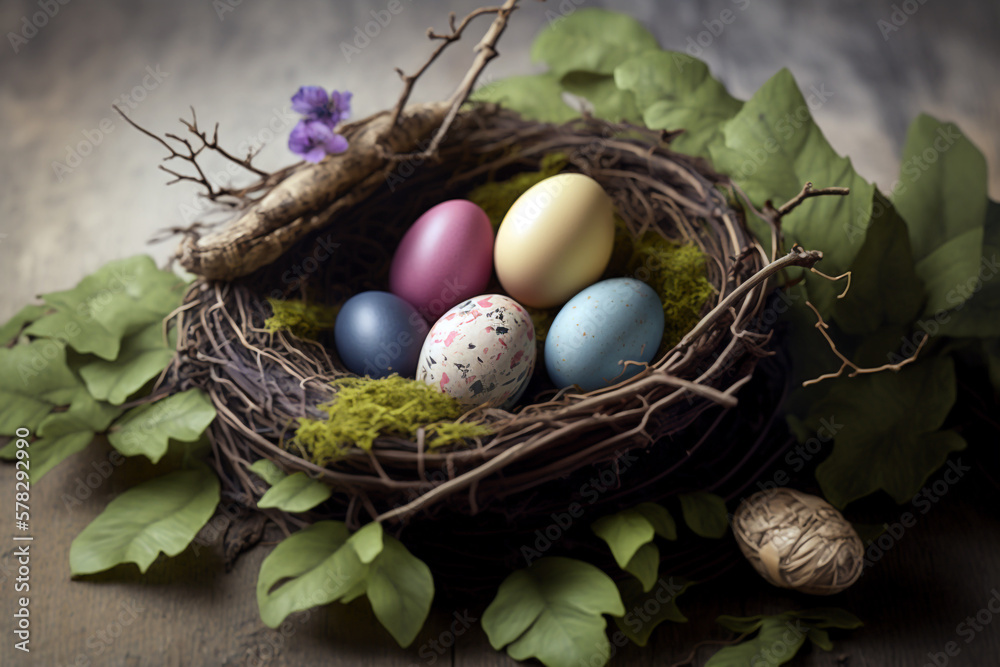 Colorful easter eggs on nest with leaves on wooden table. Generative AI illustration Colorful easter eggs on nest with leaves on wooden table. Generative AI illustration