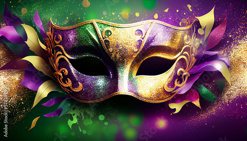 Gold purple and green glittery ,ardi gras mask on green and purple background, generative ai