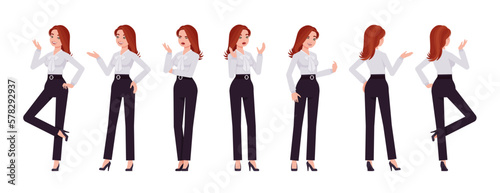 Business consultant professional lady set, attractive woman talk, speak poses. Office girl, female manager formal work classic wear. Vector flat style cartoon character isolated on white background