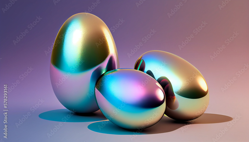 Holographic metallic painted eggs on gradient background, generative ai