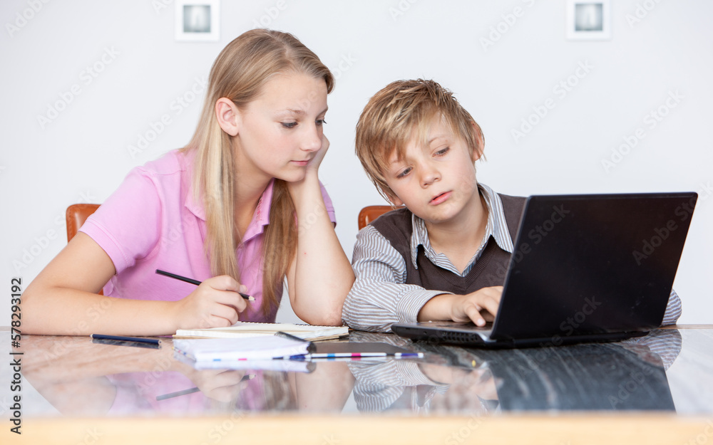 Family Life, Computer Studies. A teenage girl giving her younger brother some academic advice with his homework. From a series of related images. Family Life, Computer Studies. A teenage girl giving her younger brother some academic advice with his homework. From a series of related images.