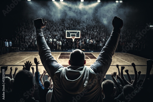 AI Generative Illustration of a basketball fan in the stands of a basketball stadium raising his arms cheering for his team
