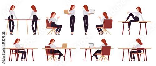 Stampa su tela Business consultant professional lady set, attractive woman busy at desk, chair poses