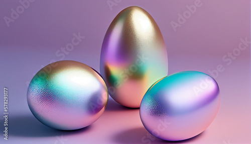 Holographic metallic painted eggs on gradient background, generative ai
