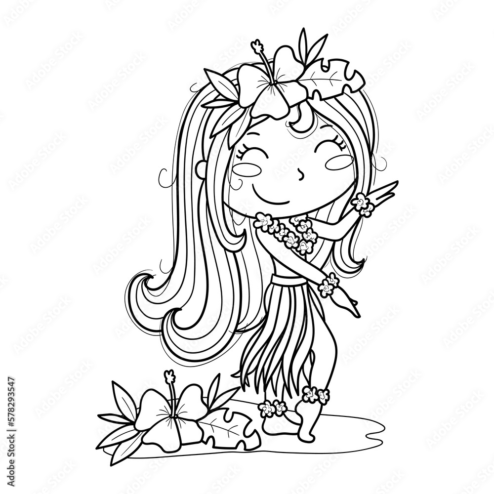 Vetor de Illustration of a cute Hawaiian girl in black and white