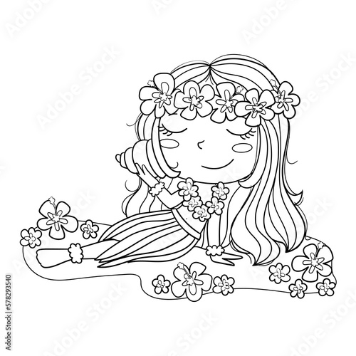 Illustration of a cute Hawaiian girl in white and black  sitting on the ground listening to the sound of a conch shell. Coloring page