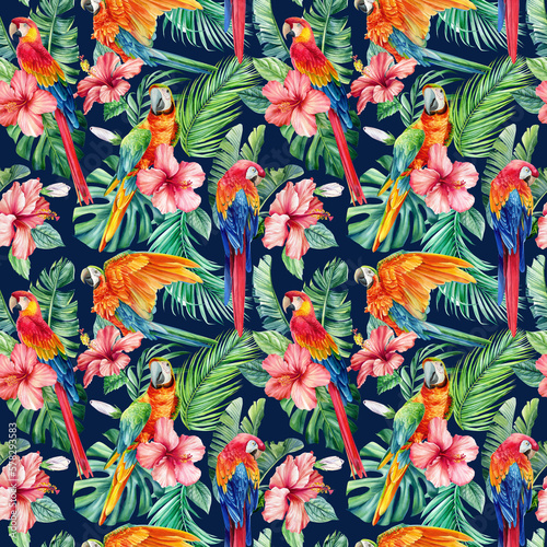 Tropical Leaves, flower, parrots. Birds watercolor Illustration, seamless pattern, Jungle background. Exotic design. 