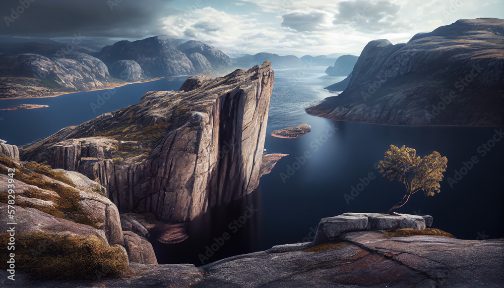 Rock looks like pulpit rock in norway, solitary big rock near river and mountains in background, generative ai