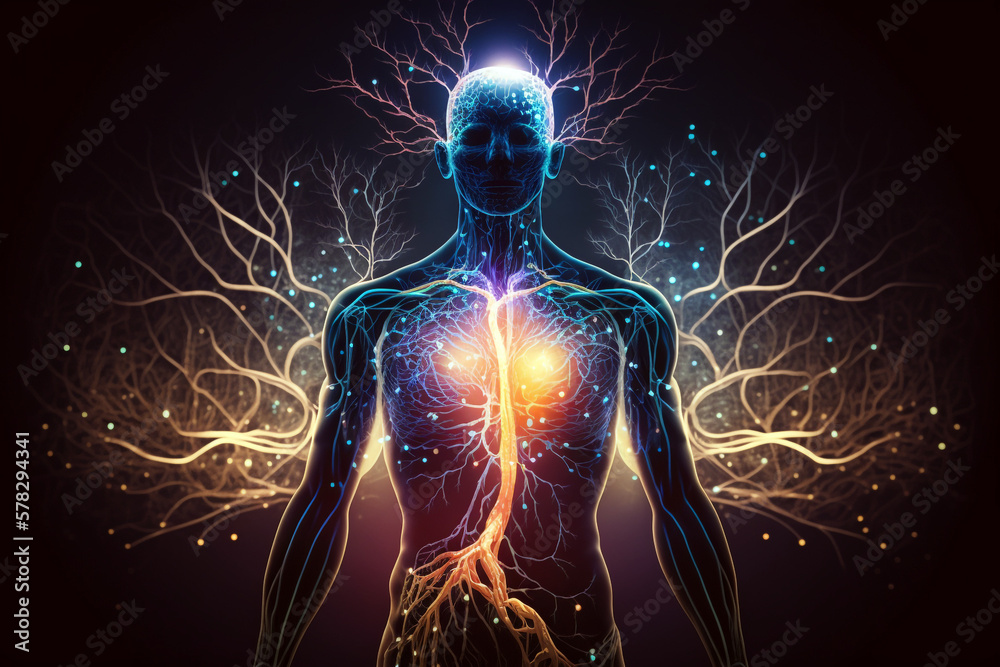 Human body with glowing neurons visualization. Generative AI