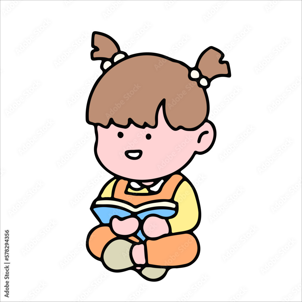 A cute girl character, reading a book, studying and doing homework, isolated on a background, for a back-to-school concept. A cute girl character, reading a book, studying and doing homework, isolated on a background, for a back-to-school concept.