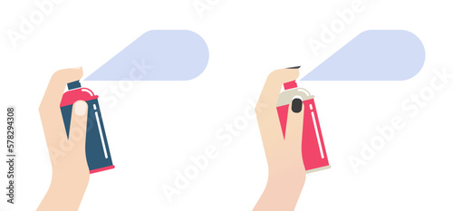 Hand hold spray paint can vector icon set graphics illustration, man woman holding perfume deodorant cartoon bottle, cleaner chemical aerosol detergent, pink blue sanitary disinfectant image flat