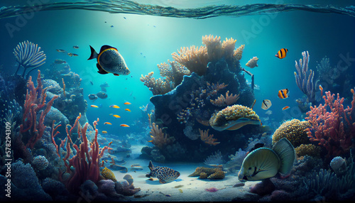 Underwater coral reef full of fish in nature, generative ai