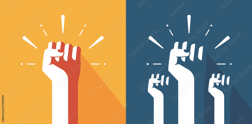 Fists hands up power pump icon old retro vector graphics illustration, strong crowd people protest revolution, rebel union win, solidarity rights fight poster, courage team, riot raised clenched palm - obrazy, fototapety, plakaty 