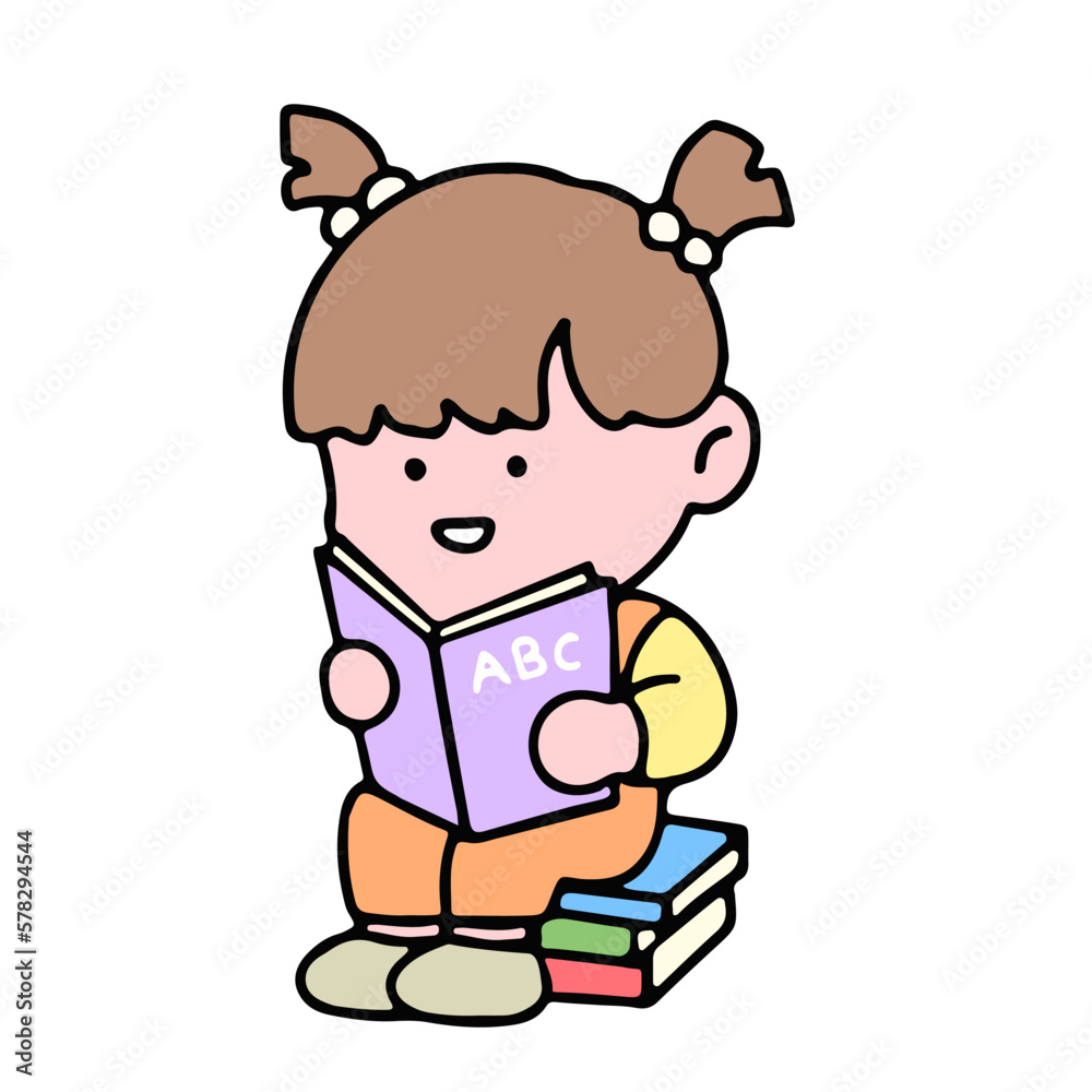 A cute girl character, reading a book, studying and doing homework, isolated on a background, for a back-to-school concept.