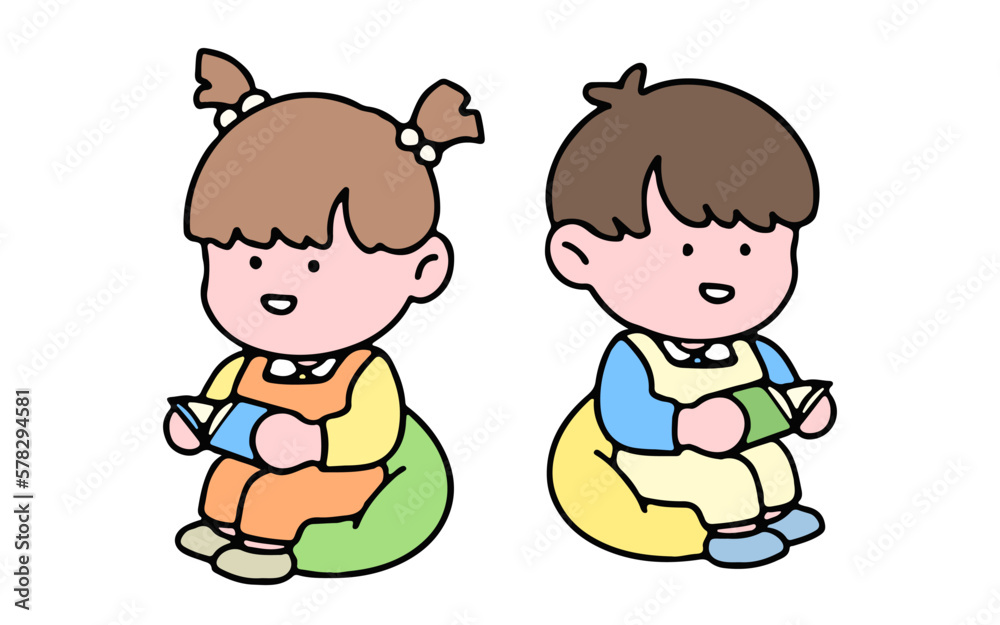 A cute kid character, reading a book, studying and doing homework, isolated on a background, for a back-to-school concept.